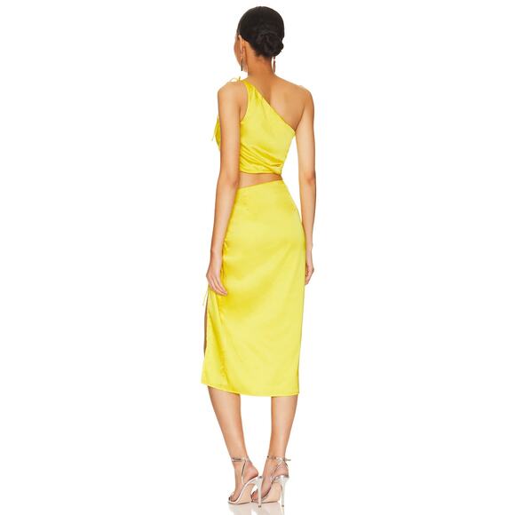 Superdown Kristy Ruched Midi Skirt Yellow Satin Front Slit High Rise Sz S - Picture 3 of 10